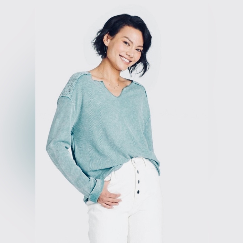 Knox Rose Women’s Waffle Knit Crochet Long Sleeve Top – Blue/Teal – Size Small